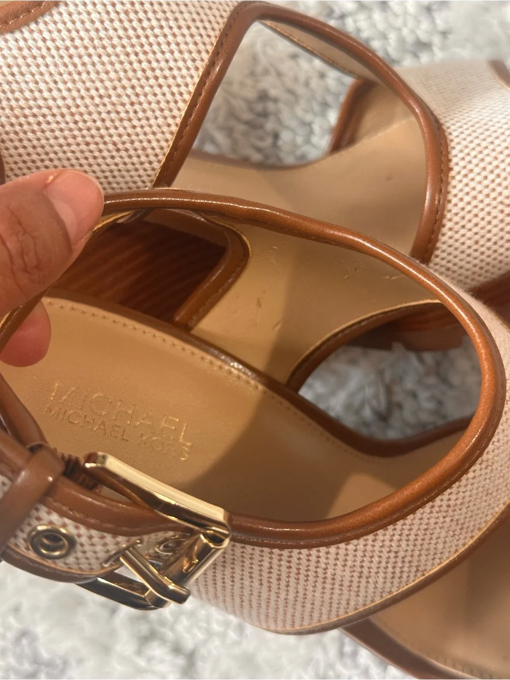 Michael Kors Gillian Wedge Euro Summer Sandals with Cream and Brown Leather Trim